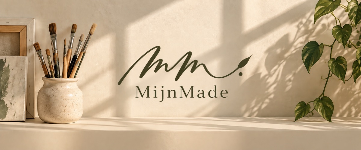 De lichte schilderwerkplek van MijnMade met penselen en het MijnMade-logo